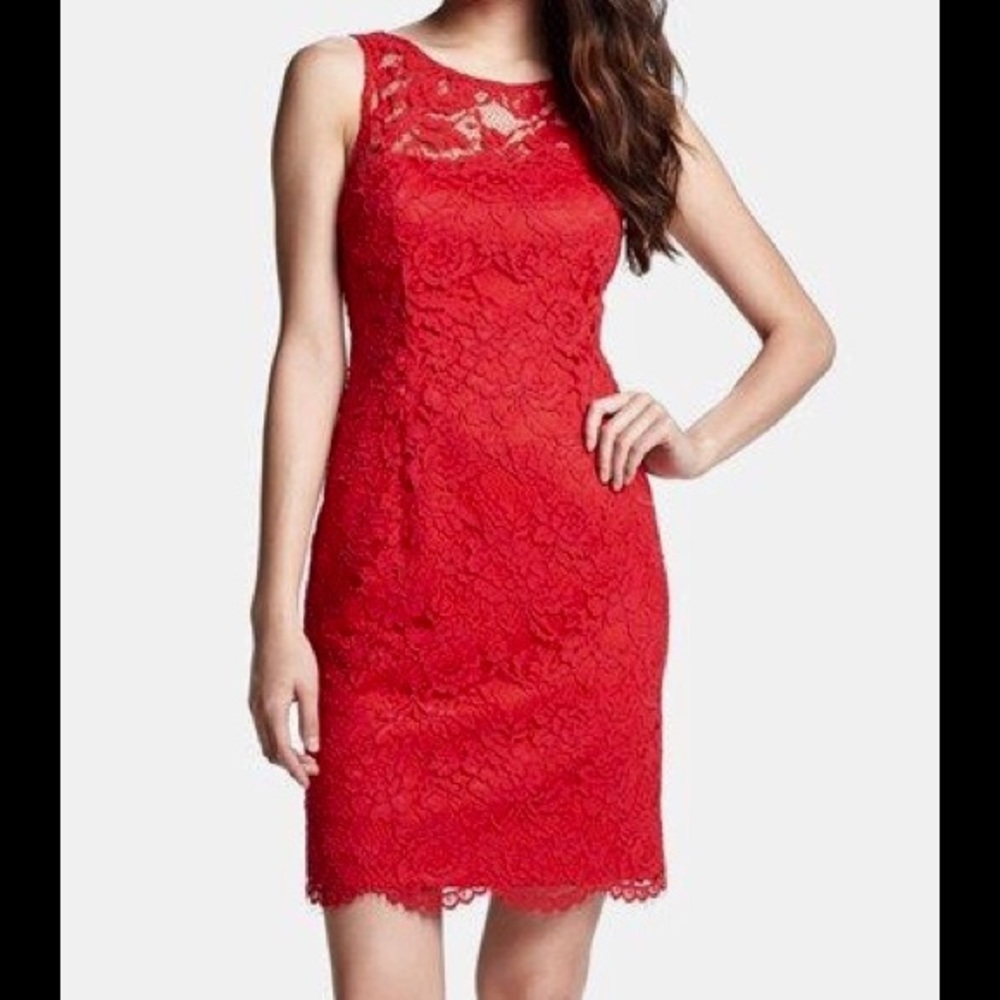 Elegant lace knee high lipstick red sheath dress